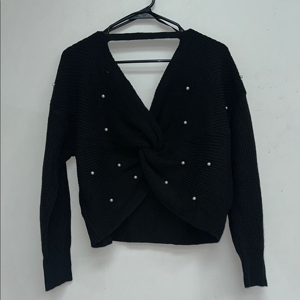 Black Knotted Sweater with Pearl Accents